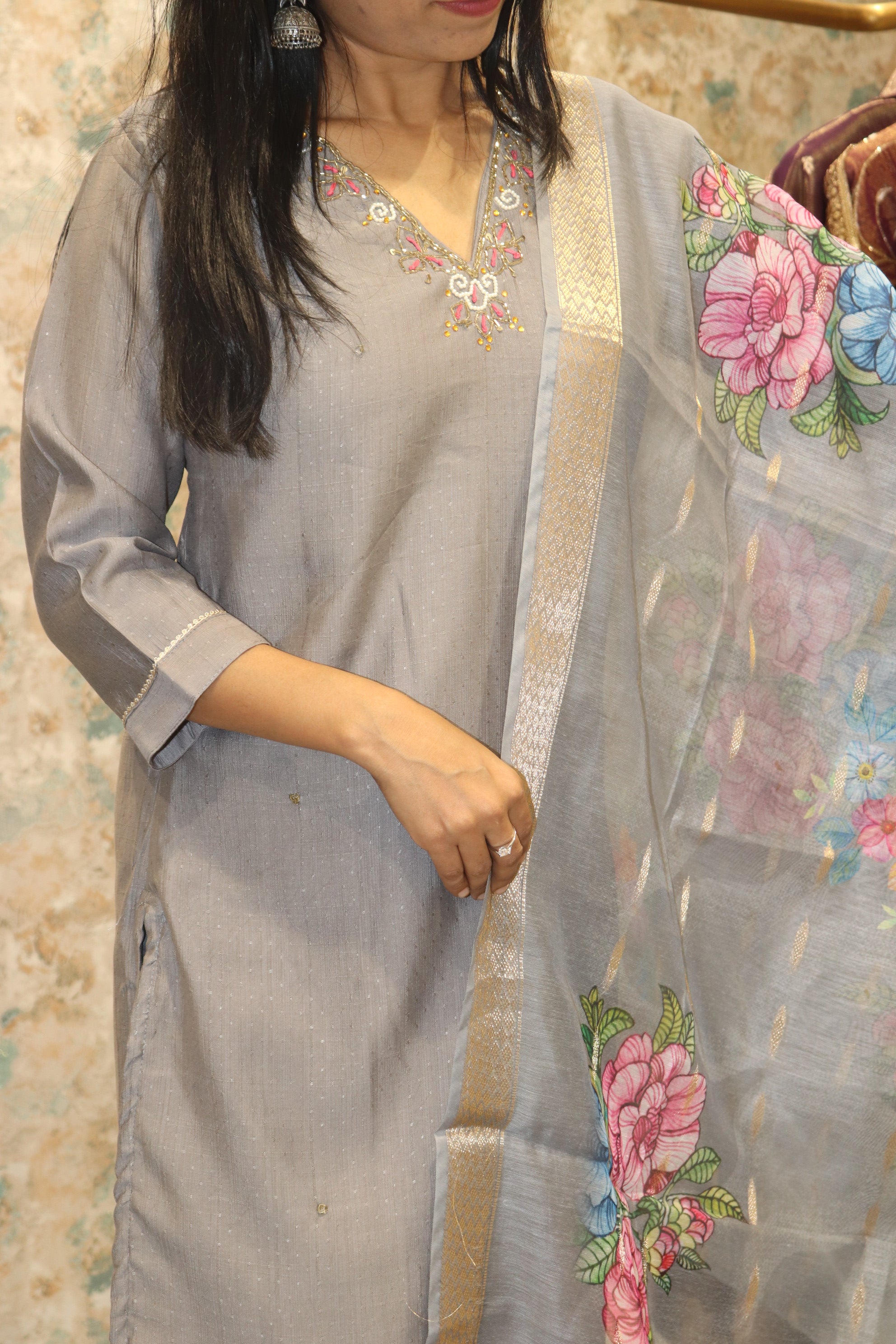 Kurta Set with Printed Dupatta & Embroidery