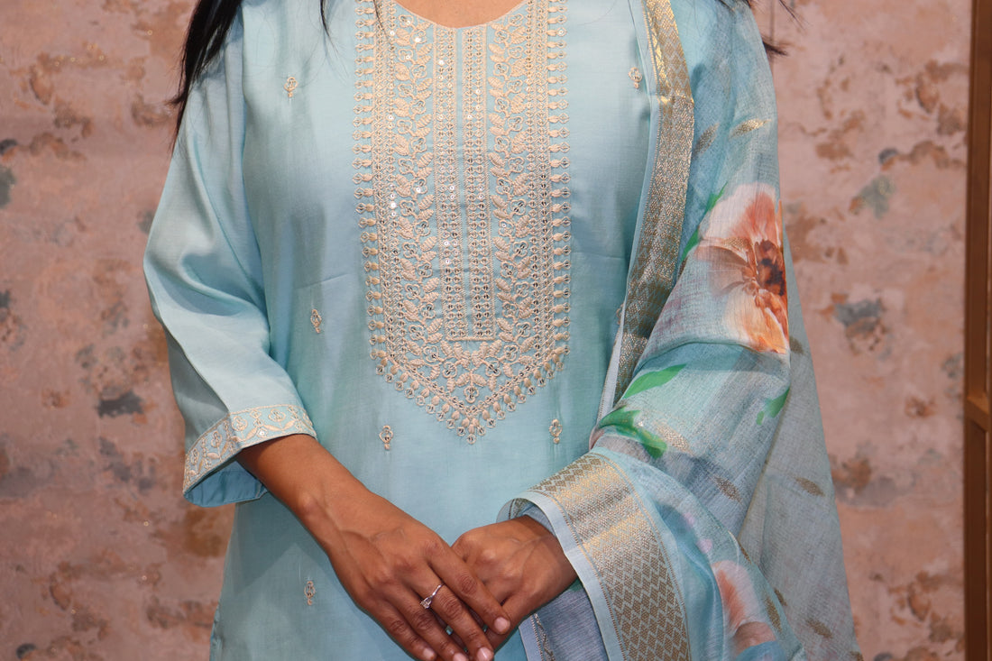Pastel Blue Kurta Set with Floral Dupatta