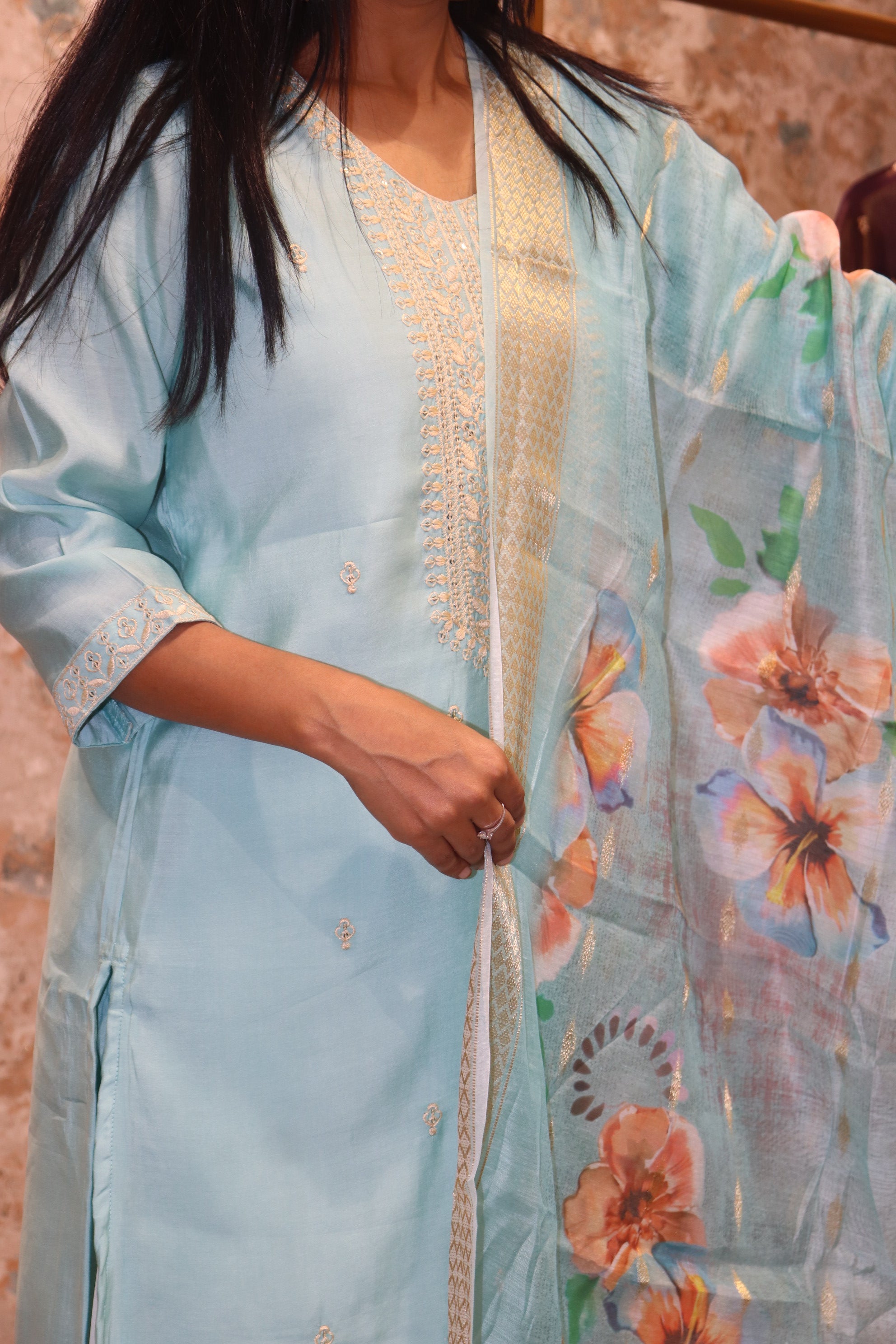 Pastel Blue Kurta Set with Floral Dupatta