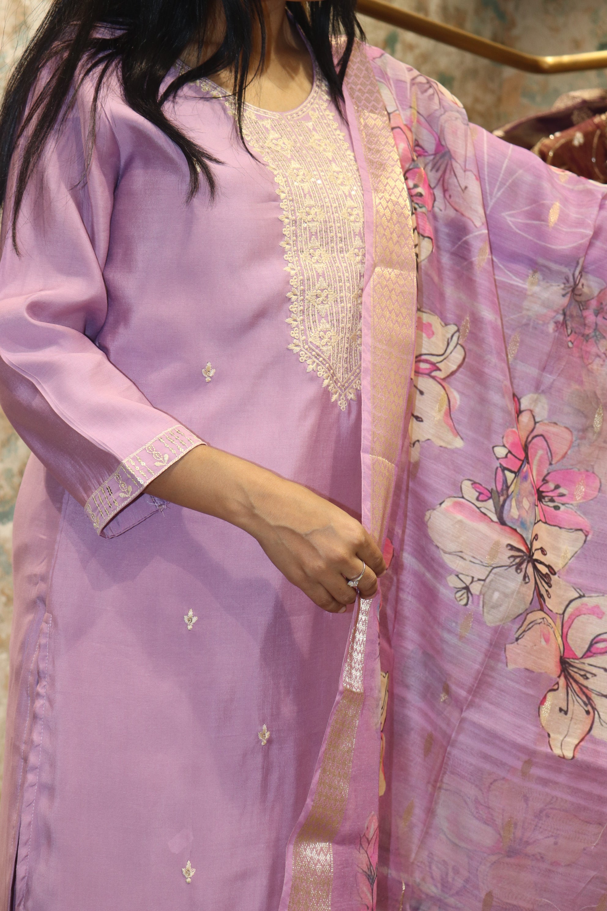 Kurta Set with Printed Dupatta & Delicate Embroidery