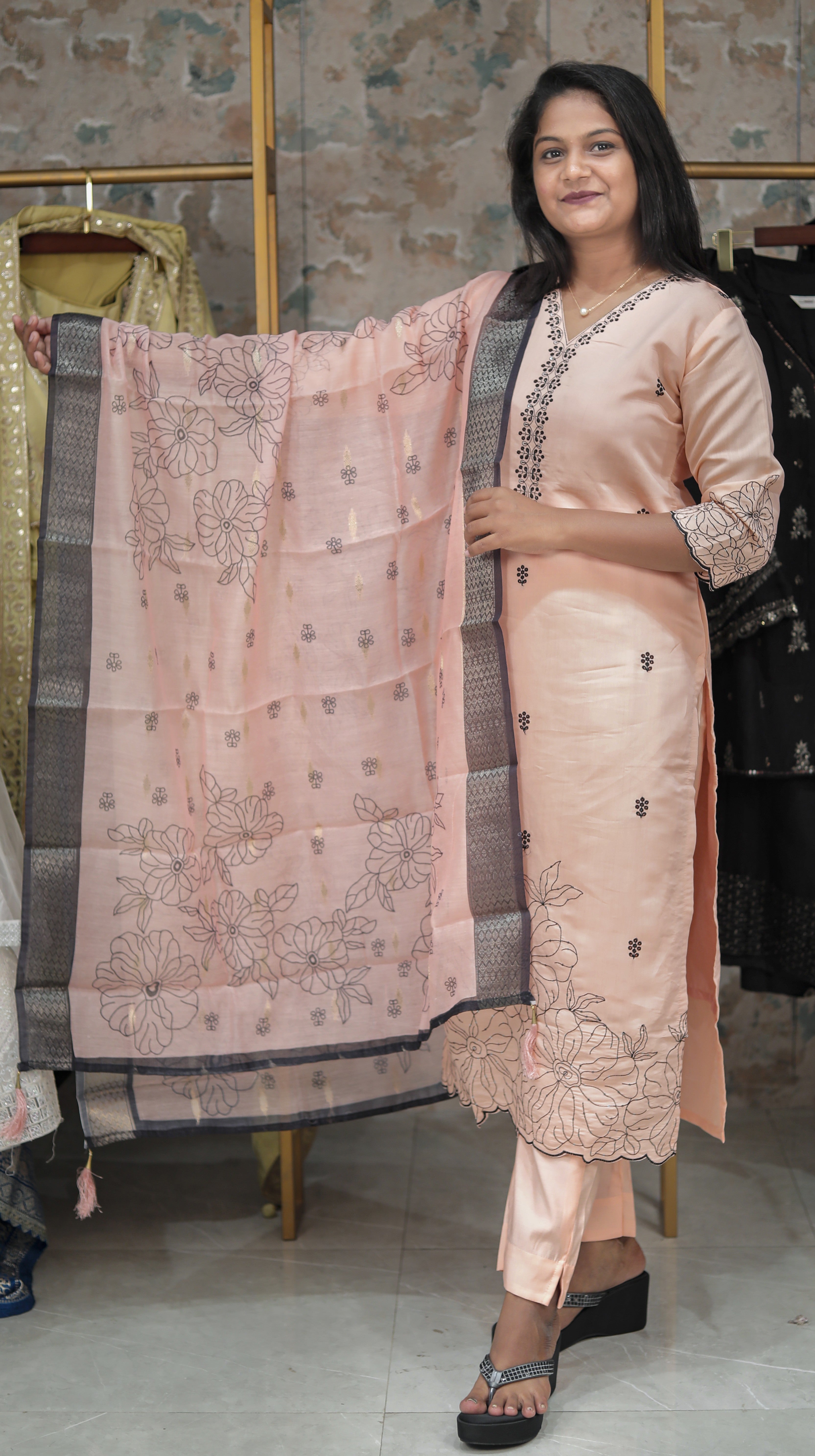 Peach-Pink Kurta Set with Black Floral Embroidery