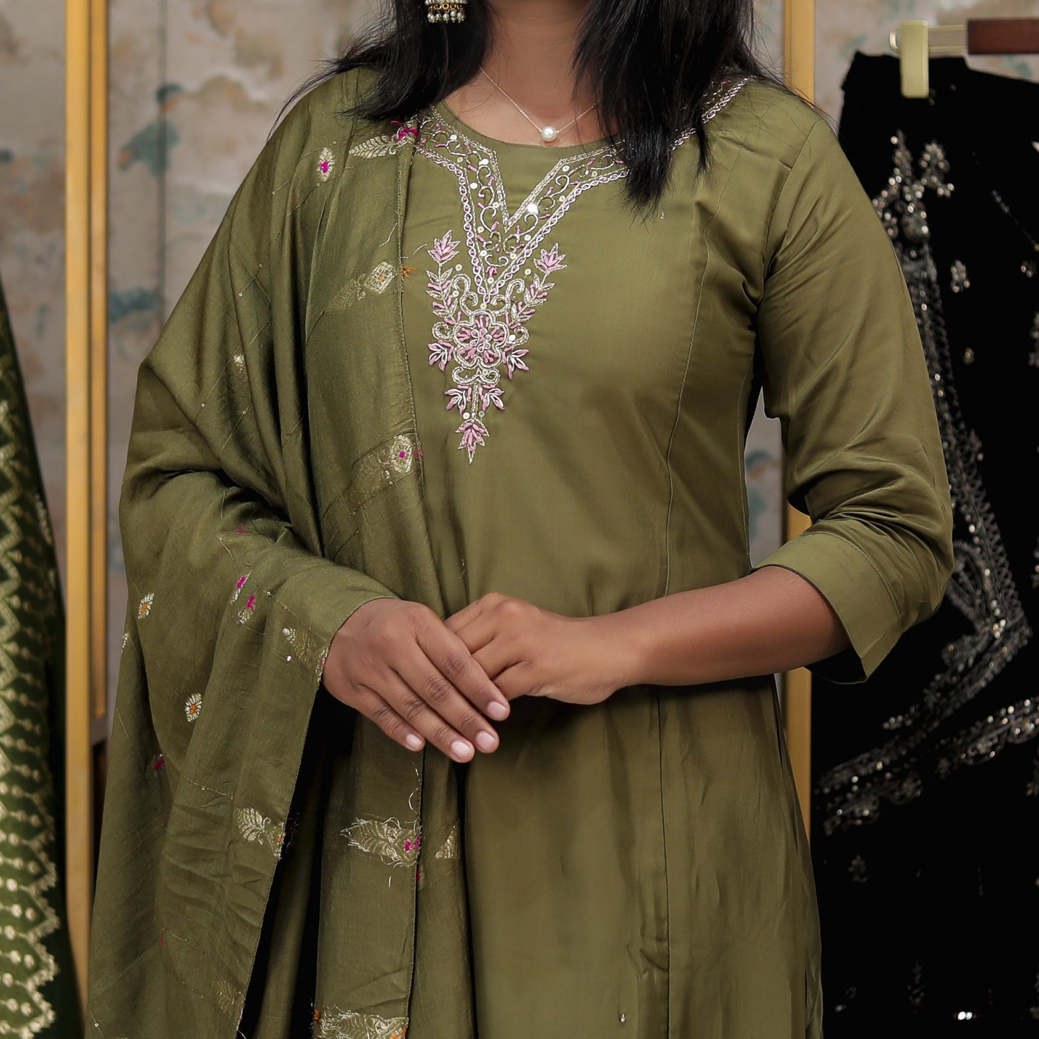 Olive Green & Pink Kurta Set with Floral Embroidery