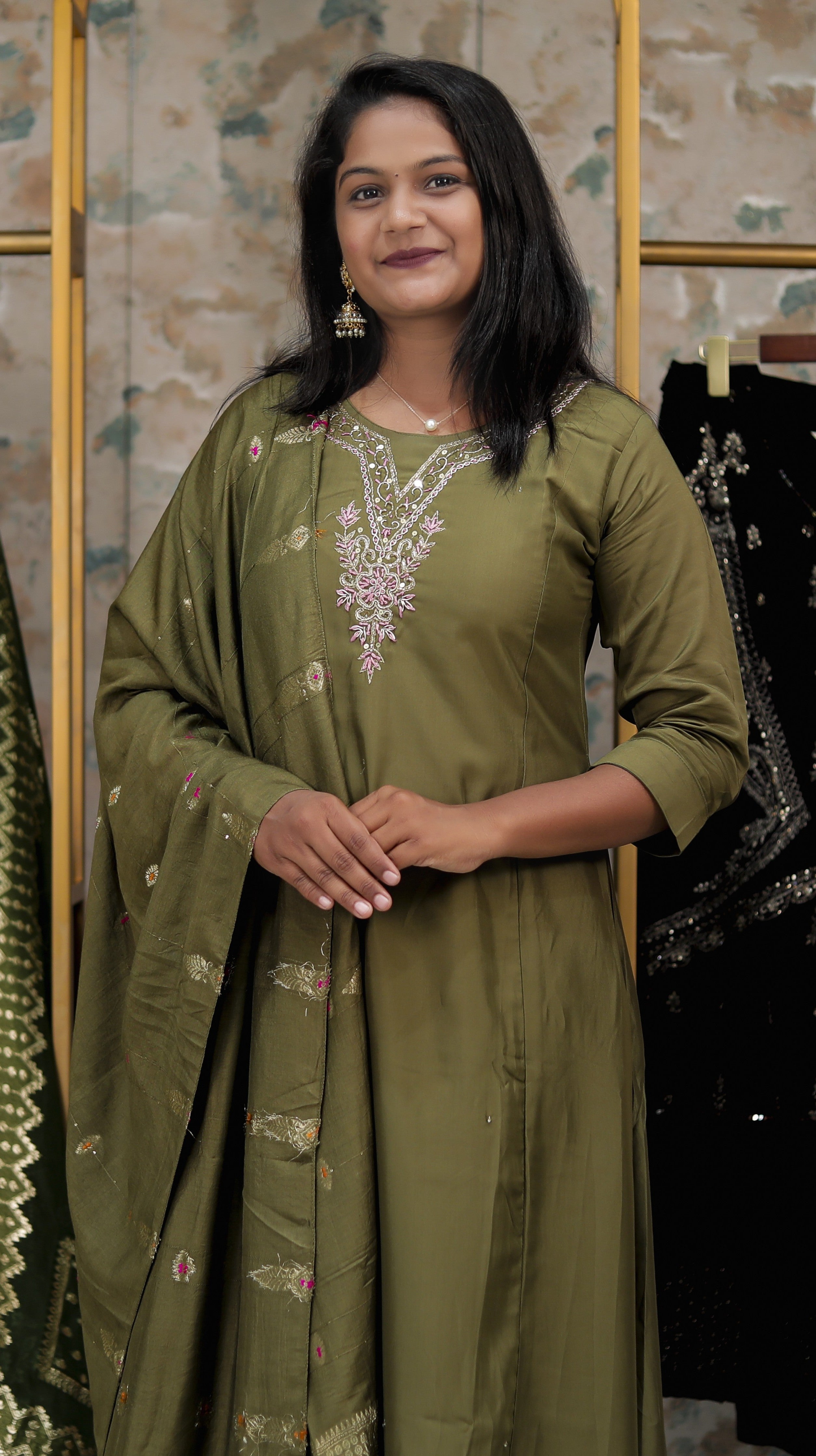 Olive Green & Pink Kurta Set with Floral Embroidery