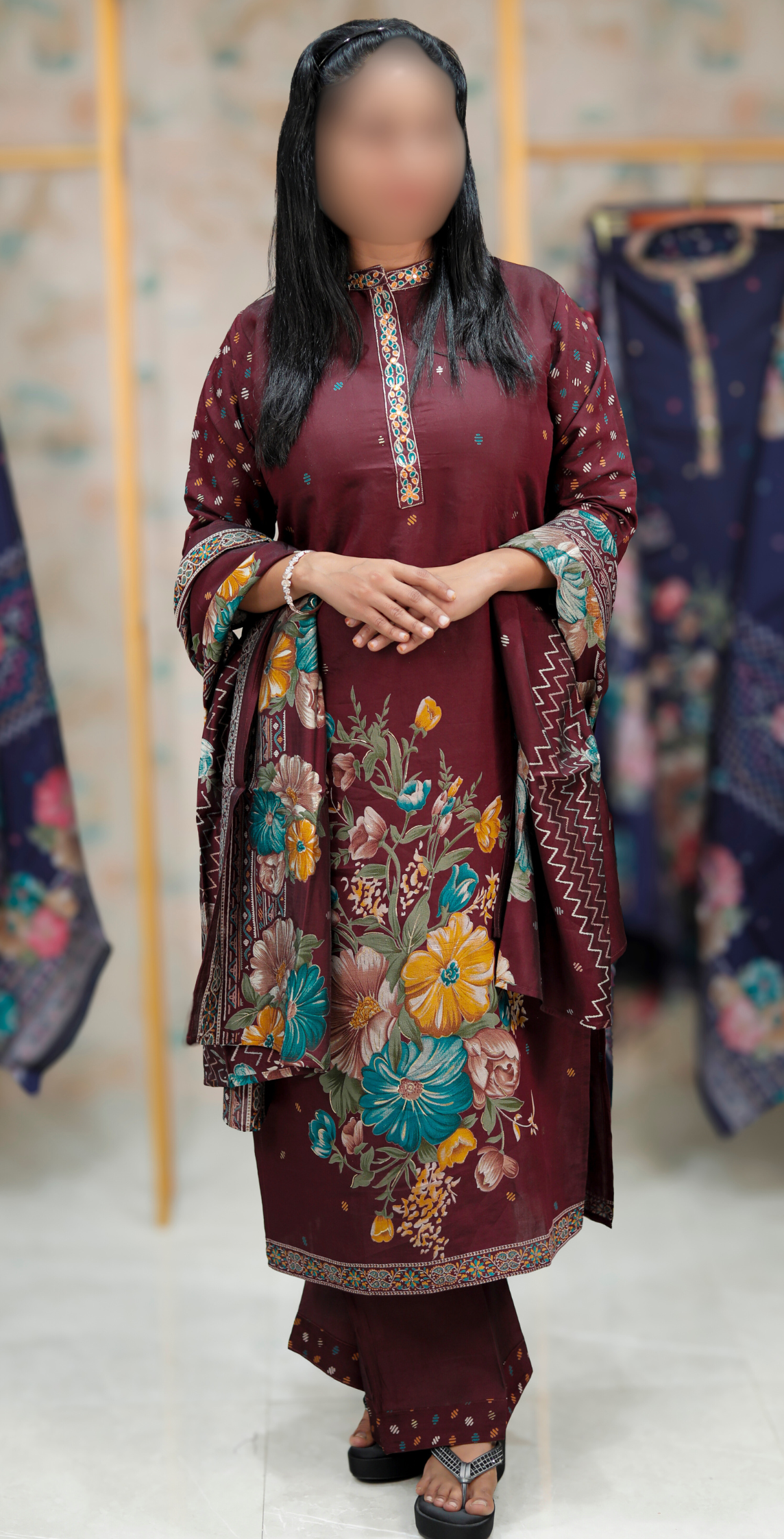 Cotton Blend Kurta Set with  Floral Dupatta