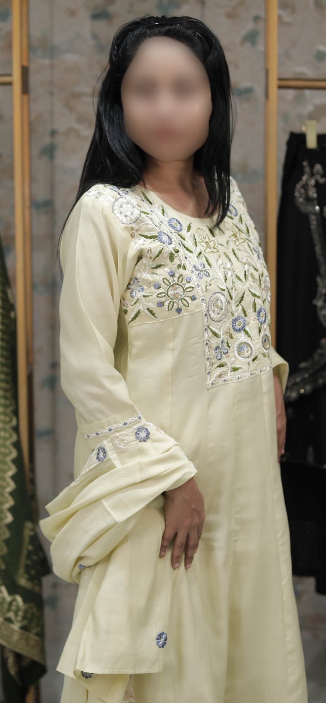 Pastel Yellow Kurta Set with Floral Embroidery